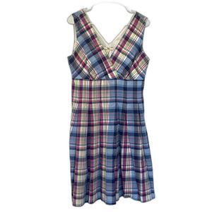 G.H. Bass & Co. Blue Pink Green Sleeveless Plaid Belted Dress - Women's 10